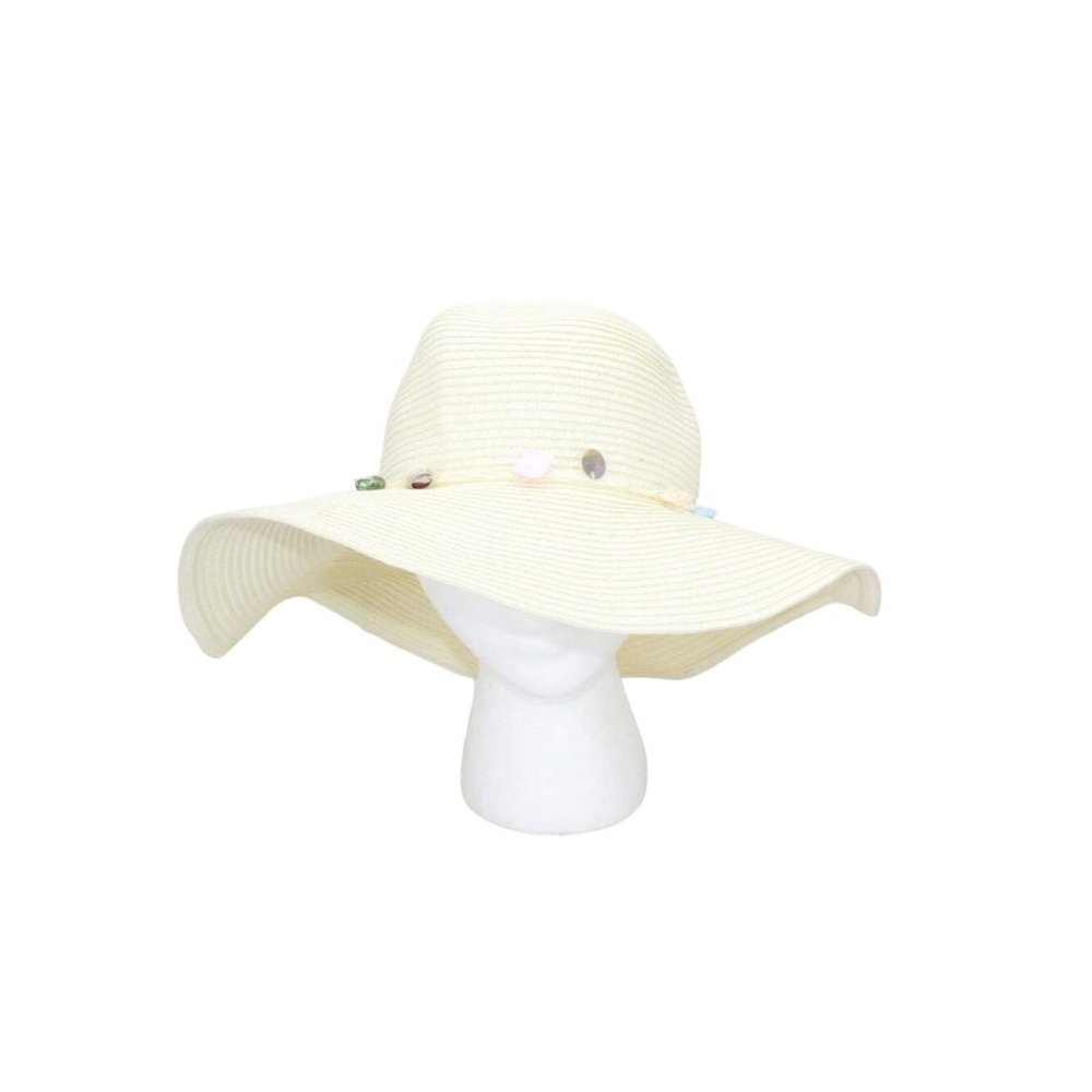 Jacobson Ivory Straw Soft Shells Detail Wide Brim Summer Beach Sun Hat